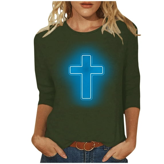 Honeeladyy Womens Easter Cross Printed Tunic Tops Christian Jesus Religious Loose 3/4 Sleeve Blouse Tees Gift Army Green XXXXXL