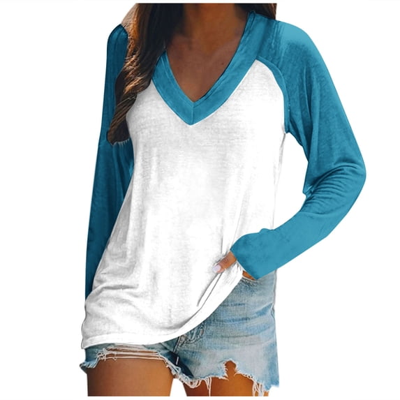 Honeeladyy Womens Fall Plus Size Long Sleeve Tunic Tops V Neck Solid Color Loose Fit Blouse Shirt Birthday Gifts for Girlfriend Sky Blue M