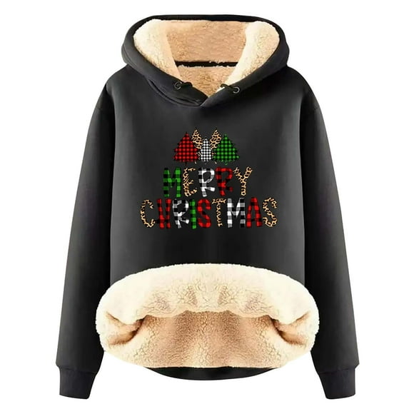 Honeeladyy Womens Fleece Lined Hooded Sweatshirt, Winter Solid Color Chirstmas Letter Printed Thick Pullover Valentine's Day Gift