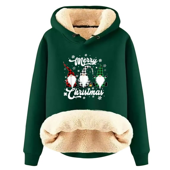 Honeeladyy Womens Fleece Lined Hooded Sweatshirt, Winter Solid Color Thick Soft Pullover with Chirstmas Printed Thanksgiving Gift