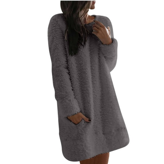 Honeeladyy Womens Fleece Tunic Pullover Tops Long Sherpa Dress Fuzzy Sweatshirts Fluffy Casual Loose Outwear with Pockets Birthday Gifts