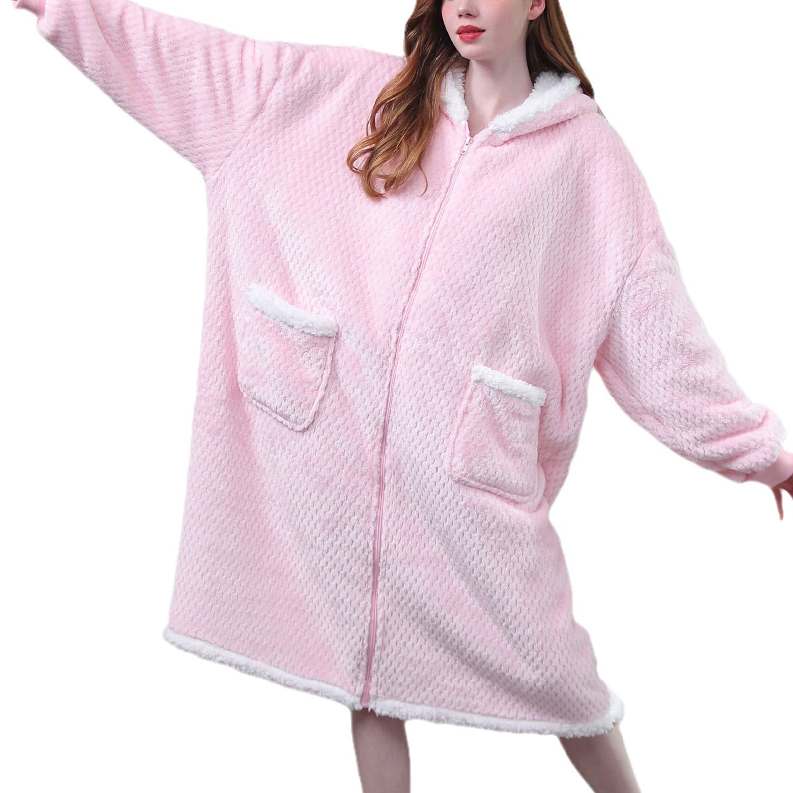 Honeeladyy Womens Fleece Zipper Long Robe, Ladies Winter Thick Warm