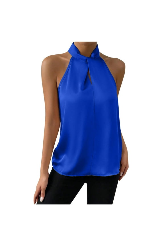 Womens High Mock Neck Satin Halter Tops Solid Color Sleeveless Loose Office Tops with Button Keyhole Back Blue S