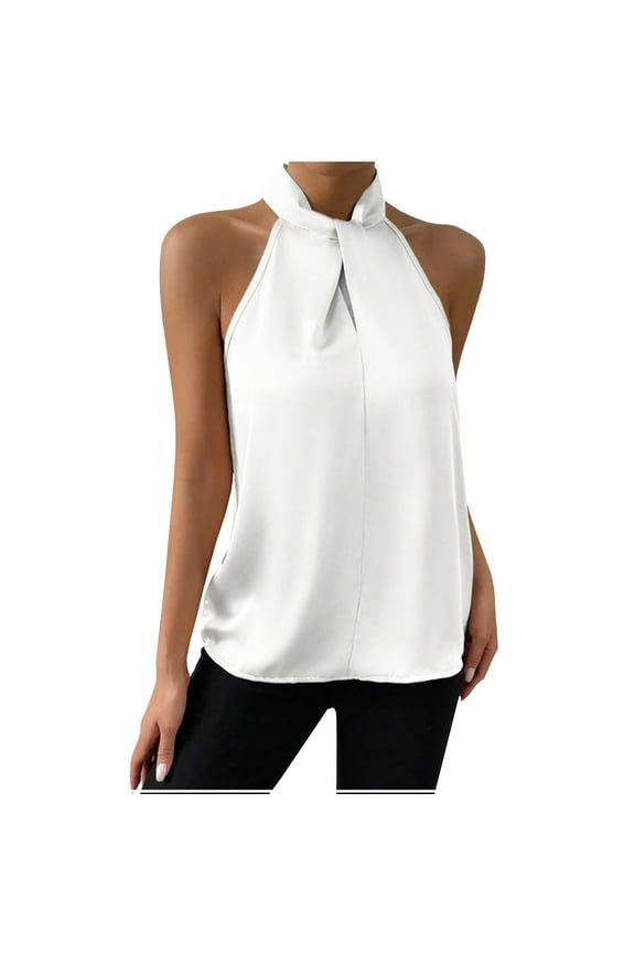 Womens High Mock Neck Satin Halter Tops Solid Color Sleeveless Loose Office Tops with Button Keyhole Back White XL