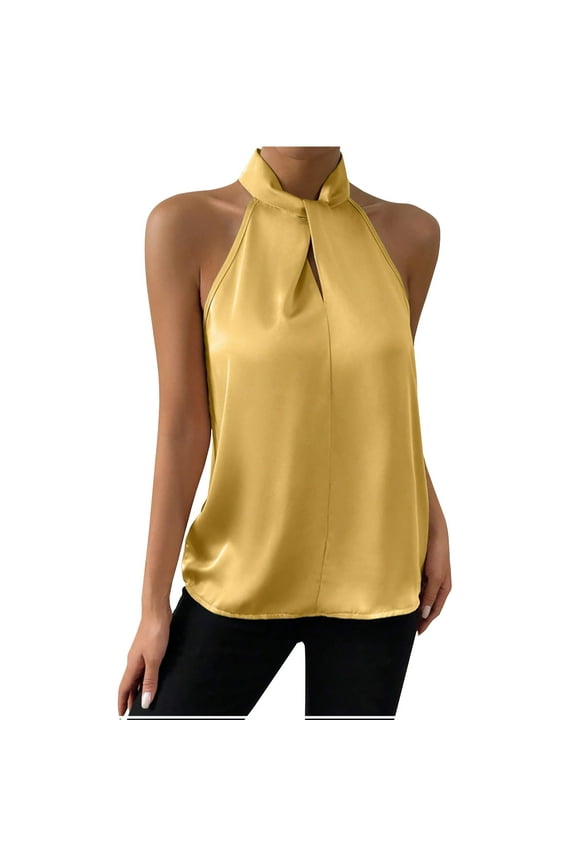 Womens High Mock Neck Satin Halter Tops Solid Color Sleeveless Loose Office Tops with Button Keyhole Back Yellow L