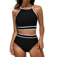 thumbnail image 1 of Honeeladyy Womens High Waisted Bikini Sets Sporty Two Piece Swimsuit Color Block High Neck Bathing Suit Black L, 1 of 7