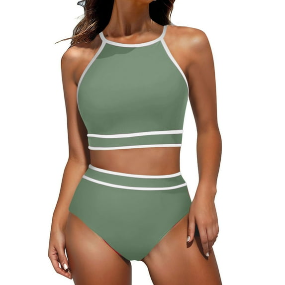 Honeeladyy Womens High Waisted Bikini Sets Sporty Two Piece Swimsuit Color Block High Neck Bathing Suit Green L
