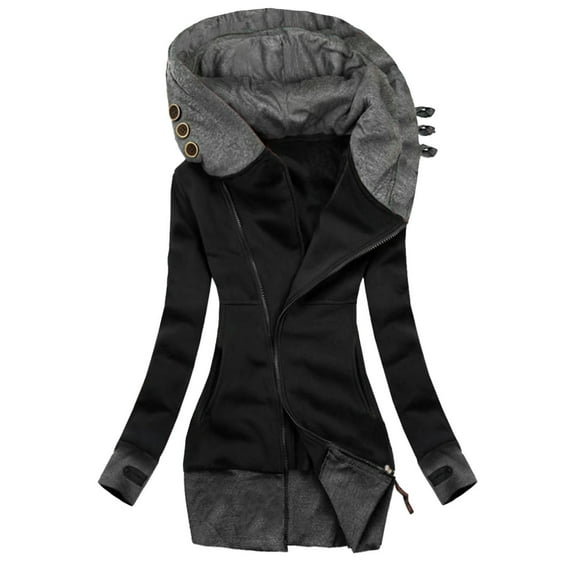 Honeeladyy Womens Hooded Jackets Oblique Zipper Fleece Jumper Sweatshirt Black XXXL