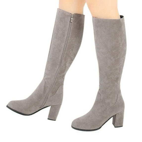 Honeeladyy Womens Knee High Boots Chunky Block Heels Pointed Toe Side Zipper Imitation Leather Boots Fall Winter Comfort Boot #T