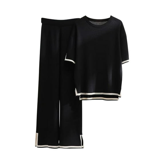Honeeladyy Womens Knit 2 Piece Sweater Sets Short Sleeve Pullover Tops Elastic Waist Wide Leg Pants Lounge Set
