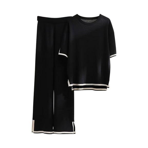 Honeeladyy Womens Knit 2 Piece Sweater Sets Short Sleeve Pullover Tops Elastic Waist Wide Leg Pants Lounge Set