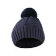 thumbnail image 1 of Honeeladyy Womens Knit Beanies Hats with Fur Pom Fall Winter Super Soft Thicken Fleeced Warm Bobble Hat Skull Cap Knit Beanie for Outdoor Cycling, Navy, 1 of 2