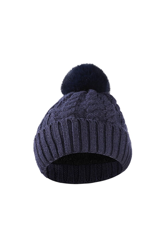 Womens Knit Beanies Hats with Fur Pom Fall Winter Super Soft Thicken Fleeced Warm Bobble Hat Skull Cap Knit Beanie for Outdoor Cycling, Navy