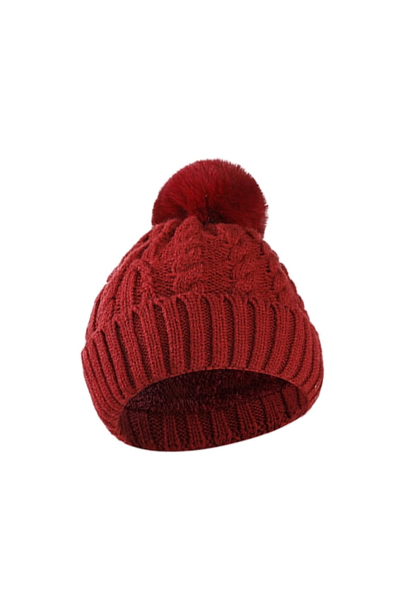 Womens Knit Beanies Hats with Fur Pom Fall Winter Super Soft Thicken Fleeced Warm Bobble Hat Skull Cap Knit Beanie for Outdoor Cycling, Wine