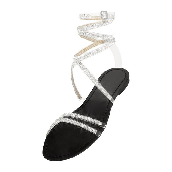 Honeeladyy Womens Lace up Rhinestone Flat Sandals Ankle Wrap Tie up Round Toe Slide Summer Beach Sandals for Wedding Vacation Travel Wine Party Christmas Gifts for Mom Black Size 41