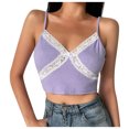 thumbnail image 1 of Honeeladyy Womens Lace Ribbed Knit Cami Crop Top Spaghetti Strap Sleeveless Slim Fit V Neck Tank Tops Purple S, 1 of 5