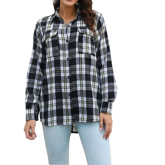 Honeeladyy Womens Long-Sleeve Classic-fit Lightweight Plaid Flannel Shirt Black XL