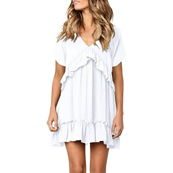 Honeeladyy Womens Loose Print Short Sleeve dress Women‘s Dress Solid Color Drees Knee-Length Short Sleeve Draped Dress