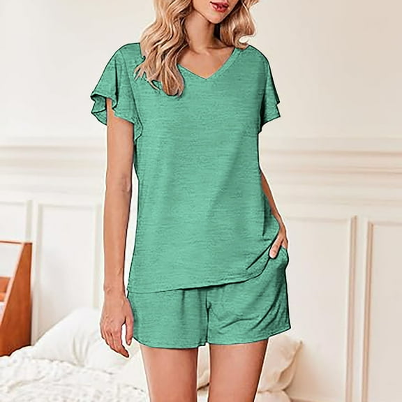 Honeeladyy Womens Lounge Set Short Sleeve Top and Shorts Sleepwear Pajama Set Two Piece Shorts Outfits Set Green M