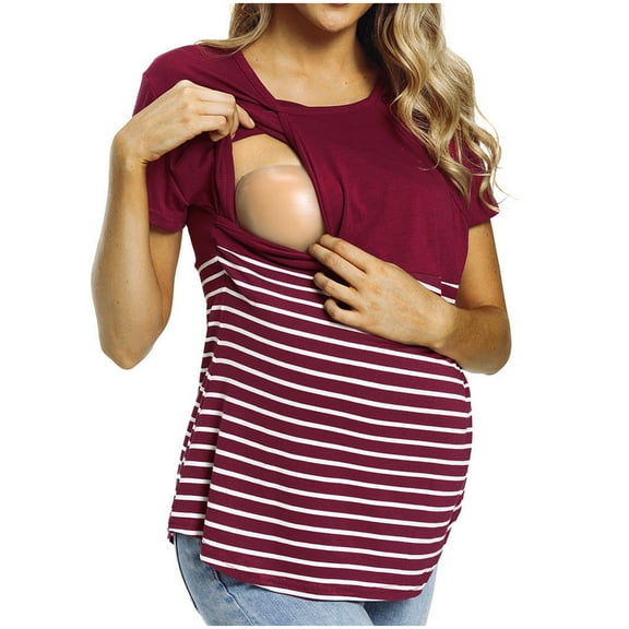 Honeeladyy Womens Maternity Summer Short Sleeve Tops Ladies Fashion Solid Color Stripe Print Short Sleeve Maternity Breastfeeding Clothe Top