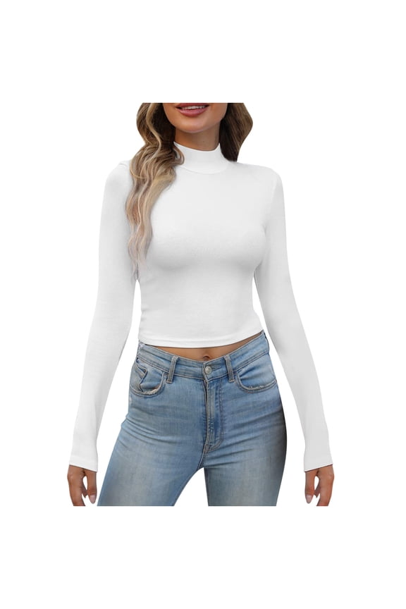 Womens Mock Turtleneck Long Sleeve Crop Tops,Solid Color Ribbed Tight Tshirts Spring Lightweight Slim Fit Tops Gift White XL