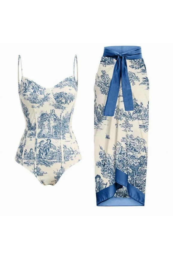 Womens One Piece Swimsuit with Cover Up Two Pieces Summer Boho Beach Bathing Suit Vintage Print Bikini Set with Wrap Skirt