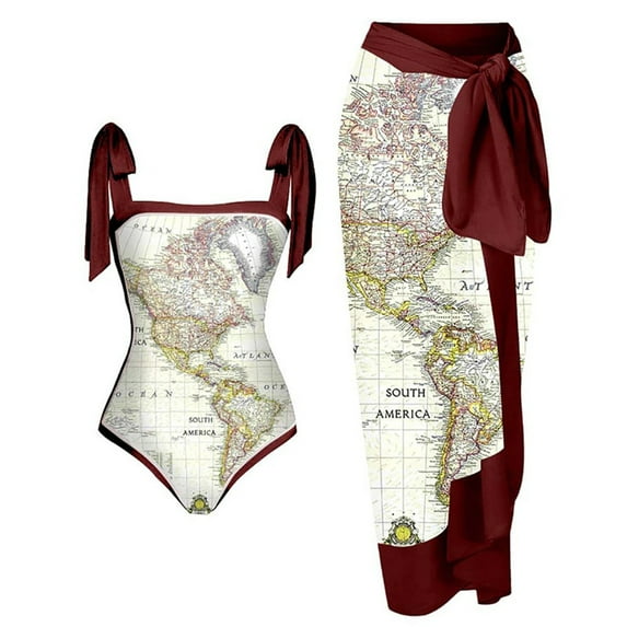 Honeeladyy Womens One Piece Swimsuit with Cover Up Two Pieces Summer Boho Beach Bathing Suit Vintage Print Bikini Set with Wrap Skirt