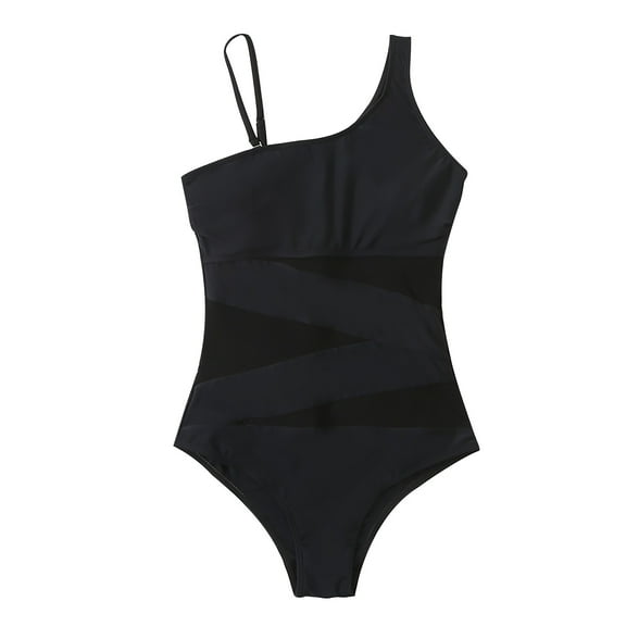 Honeeladyy Womens One Shoulder One Piece Swimsuit Solid Color Slim Mesh Bathing Suits Full Coverage Cutout Swimwear Black L