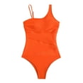 thumbnail image 1 of Honeeladyy Womens One Shoulder One Piece Swimsuit Solid Color Slim Mesh Bathing Suits Full Coverage Cutout Swimwear Orange M, 1 of 6