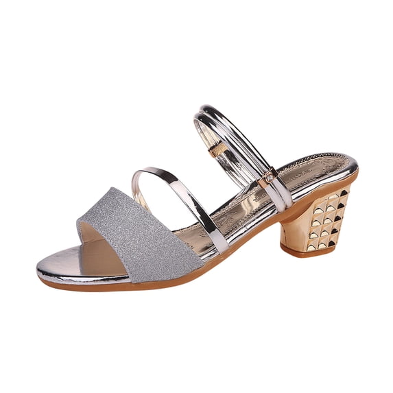 Honeeladyy Womens Open Toe Ankle Strap Low Block Chunky Heels Sandals Party Dress Pumps Shoes for Wedding Vacation Travel Wine Party Birthday Gifts for Wife Silver Size 38