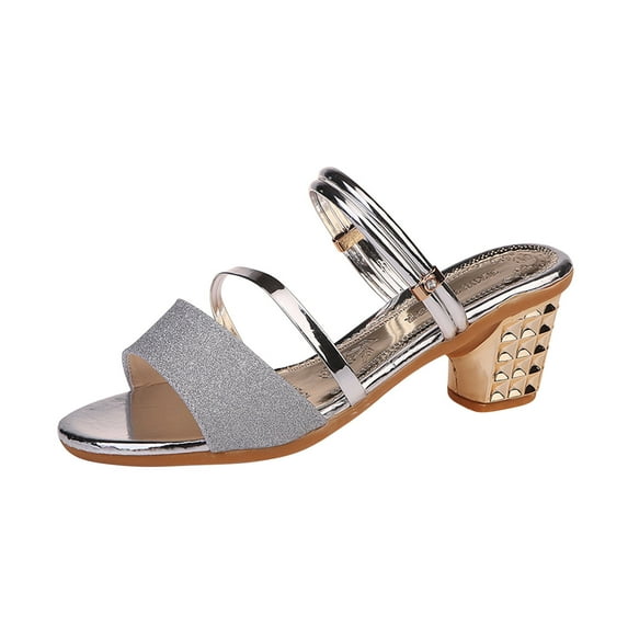 Honeeladyy Womens Open Toe Ankle Strap Low Block Chunky Heels Sandals Party Dress Pumps Shoes for Wedding Vacation Travel Wine Party Christmas Gifts for Daughter Silver Size 39