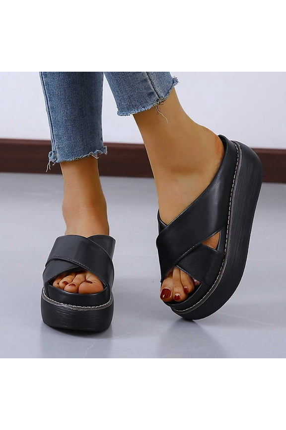 Womens Platform Sandals Flatform Summer Open Toe Cross Strap Beach Slide Sandals Black 43
