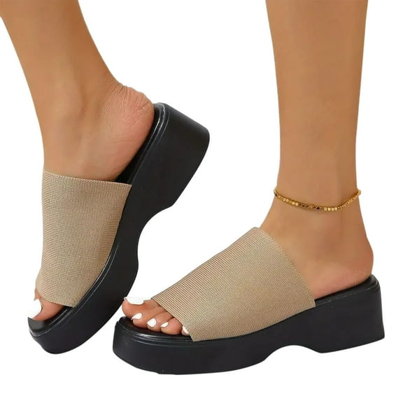Honeeladyy Womens Platform Wedge Sandals Comfort Open Toe Classic Backless Slip On Slippers Summer Casual Clearance Slides for Beach Vacation Birthday Gifts for Mom Khaki Size 42