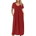 thumbnail image 1 of Honeeladyy Womens Plus Size Short Sleeve Maxi Dresses Summer Solid Color V Neck Loose Long Dress with Pockets Wine XXL, 1 of 5