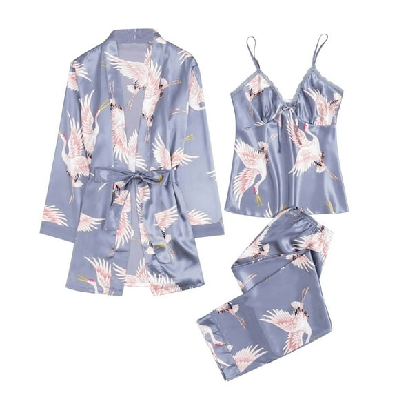 Honeeladyy Womens Print Satin Pajama Set,Ladies 3 Pieces Sleepwear with Soft Sleeveless Camisole Long Pants and Robe Loungewear Set Birthday Gift