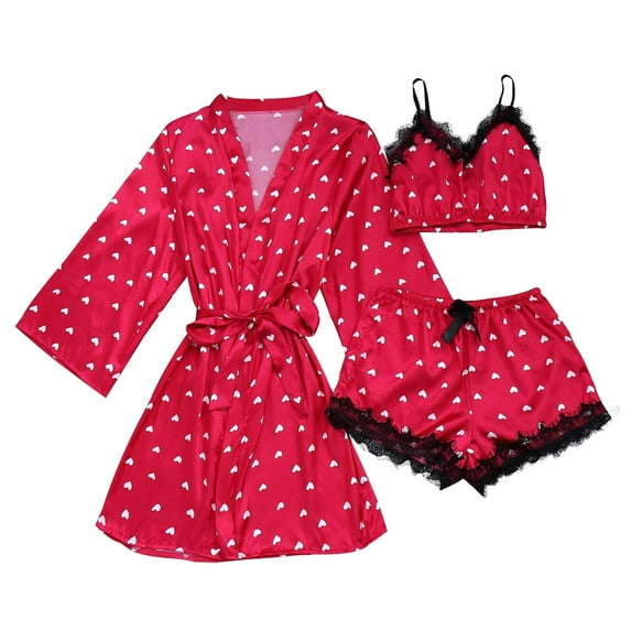 Honeeladyy Womens Print Satin Pajama Set,Ladies 3 Pieces Sleepwear with Soft Sleeveless Camisole Shorts and Robe Loungewear Set Birthday Gift