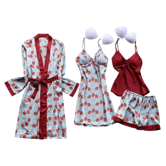 Honeeladyy Womens Print Satin Pajama Set,Ladies 4 Pieces Sleepwear with Soft Sleeveless Camisole Vest Shorts Halter Nightgown and Robe Loungewear Set