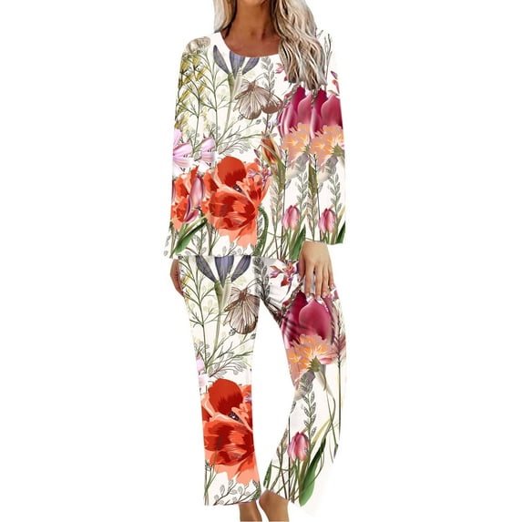 Honeeladyy Womens Printed Pajamas Set, Ladies Fall Two Pieces Round Neck Long Sleeved Loose Top with Elastic Waist Soft Straight Pants Postoperative Homewear Set Red L