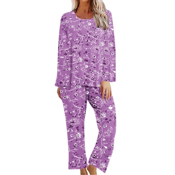 Honeeladyy Womens Printed Pajamas Set, Ladies Fall Two Pieces Round Neck Long Sleeved Loose Top with Elastic Waist Soft Straight Pants Postoperative Sleepwear Set Purple XXL