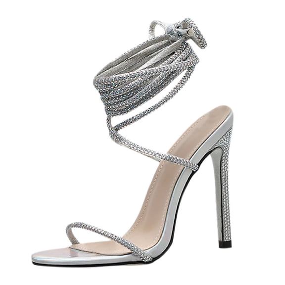 Honeeladyy Womens Rhinestone Stiletto High Heels Lace up Sandals Open Toe Glitter Pointy Toe Sandals for wedding Party Prom Valentines Day Gift for Girlfriend Silver Size 37