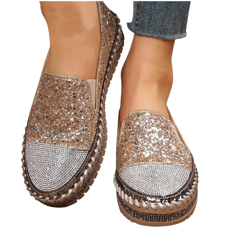 Honeeladyy Womens Rhinestones Glitter Platform Loafers,Slip  display picture 1