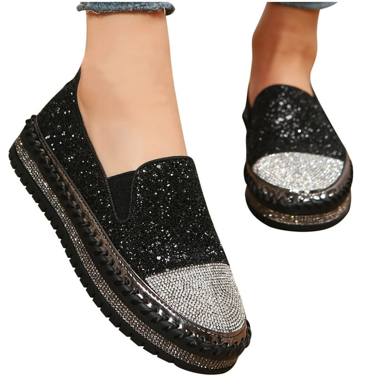 Honeeladyy Womens Rhinestones Glitter Platform Loafers,Slip-On