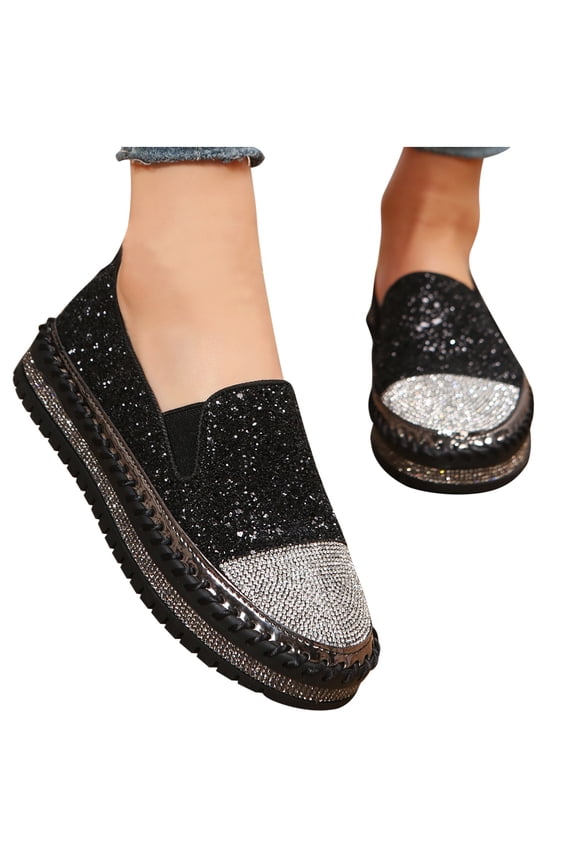 Womens Rhinestones Glitter Platform Loafers,Slip-On Sequin Shiny Sneaker,Comfort Low Top Increase Height Walking Shoes