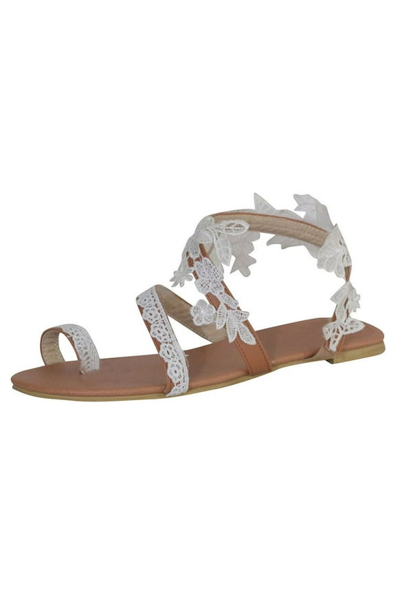 Womens Sandals Flat Clip Toe Lace Floral Beach Flip Flop Comfy Shoes Summer Elegant Toe Ring Roman Sandals for Wedding Vacation Travel Wine Party White Size 43