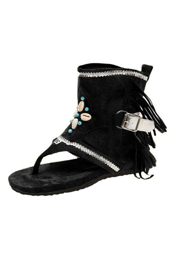 Womens Sandals Tassel Ankle Boots, Retro Bohemian Sandals Beach Travel Shoes Clip Toe Flip Flops High Top Flat Casual Dressy Sandals Black Size 41