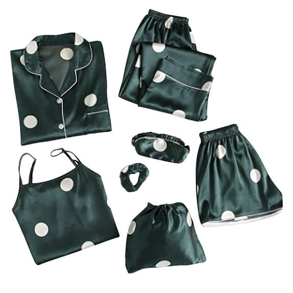 Honeeladyy Womens Satin Pajama Set,Ladies Six Pieces Sleepwear with Soft Button Shirt Pants Sleeveless Camisole Shorts Hair Ties and Satin Drawstring Organizer Bag Loungewear Set Gift