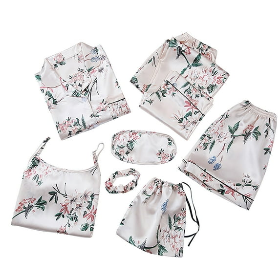 Honeeladyy Womens Satin Pajama Set,Ladies Six Pieces Sleepwear with Soft Button Shirt Pants Sleeveless Camisole Shorts Hair Ties and Satin Drawstring Organizer Bag Loungewear Set Gift