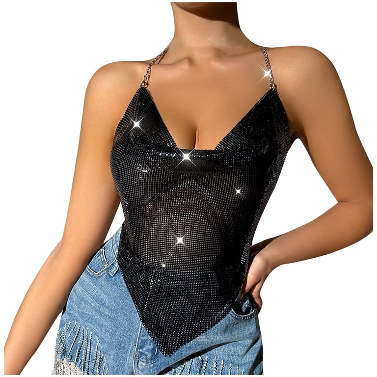Honeeladyy Womens Shiny Rhinestone Backless Halter Crop Top Chain