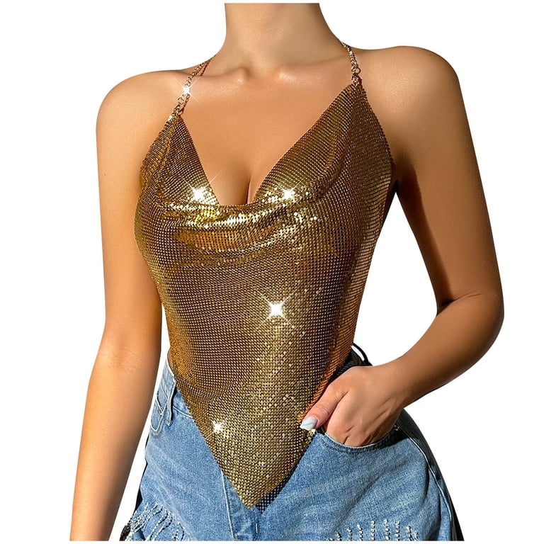 Honeeladyy Womens Shiny Rhinestone Backless Halter Crop Top Chain