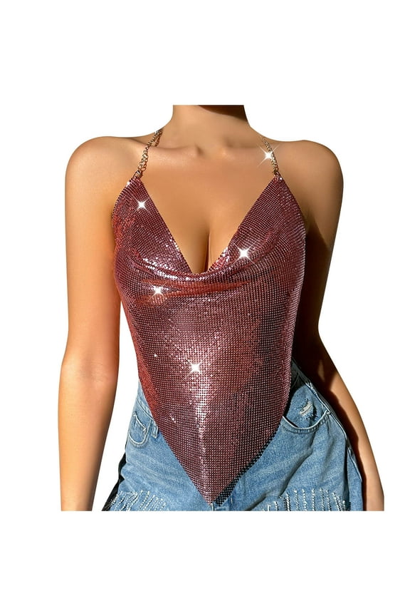 Womens Shiny Rhinestone Backless Halter Crop Top Chain Tank Tops for Party Nightclub Rose Gold S